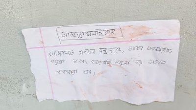 মঙ্গলবার ময়মনসিংহের ঈশ্বরগঞ্জ সিনিয়র সিভিল জজ আদালতের বিচারকের কার্যালয়ের সামনে লাগানো হুমকির চিরকুট