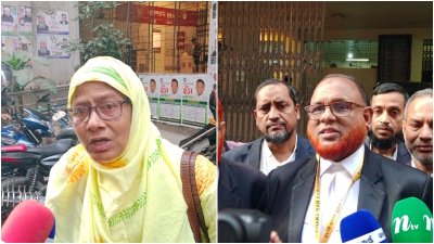বামে ছরওরয়ারে আলমের স্ত্রী শামীম আরা ও ডানে বাদীপক্ষের আইনজীবী আবদুর রাজ্জাক। ছবি: বাংলা ট্রিবিউন