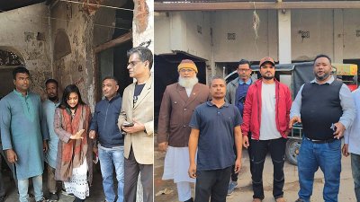 দলীয় কার্যালয়ে আওয়ামী লীগ নেতারা (বাঁয়ে), এরপর সেখানে যান জুলাইযোদ্ধাদের কয়েকজন