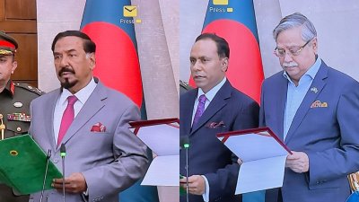 স্পিকার ও ডেপুটি স্পিকারকে শপথ পড়িয়েছেন রাষ্ট্রপতি মো. সাহাবুদ্দিন (কোলাজ)