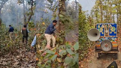 গাজীপুরের শ্রীপুরে ভাওয়াল বনাঞ্চলের বিভিন্ন অংশে লাগা আগুন নেভাতে শুরু করেছেন বন বিভাগের কর্মীরা