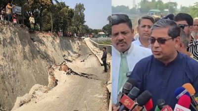 তুরাগ নদের পাড়ঘেঁষা একটি সড়ক উদ্বোধনের আগেই ধসে পড়ার বিষয়টি দেখতে এসেছেন স্থানীয় সরকার, পল্লী উন্নয়ন ও সমবায় প্রতিমন্ত্রী মীর শাহে আলম