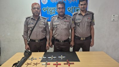 পল্লবী থেকে উদ্ধার করা অস্ত্র ও গুলি। ছবি: সংগৃহীত