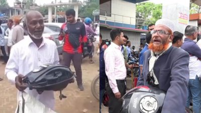 মোটরসাইকেল চালানোর মতো তেল না থাকায় মোটরসাইকেলের ট্যাংকি খুলে নিয়ে ফিলিং স্টেশনে হাজির হয়েছেন দুই ব্যক্তি