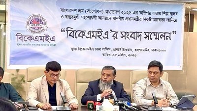 সংবাদ সম্মেলনে বক্তব্য রাখেন বিকেএমইএর সভাপতি মোহাম্মদ হাতেম