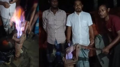 নোয়াখালীর চাটখিল উপজেলায় একটি বাড়িতে বসানো নতুন নলকূপের পানির সঙ্গে গ্যাস বের হচ্ছে