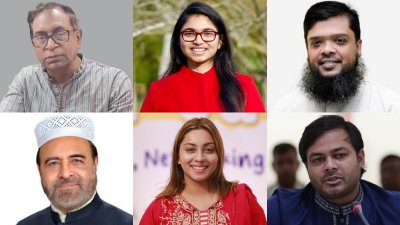 সাইফুল হক, তানভীর আহমেদ রবিন, তাসনিম জারা, হাজী এনায়েত উল্লাহ, মেঘনা আলাম ও আরিফুল ইসলাম আদিব (ঘড়ির কাঁটার দিকে)