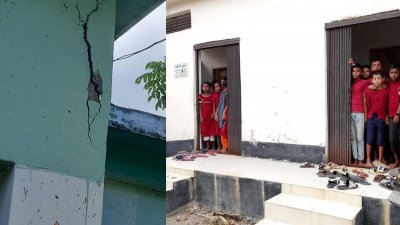 শনিবার দুপুরে কালবৈশাখী ঝড় শুরু হলে শিক্ষার্থীরা ঝুঁকিপূর্ণ ওই একাডেমিক ভবন ছেড়ে দ্রুত বিদ্যালয়ের ওয়াস ব্লকে আশ্রয় নেয়