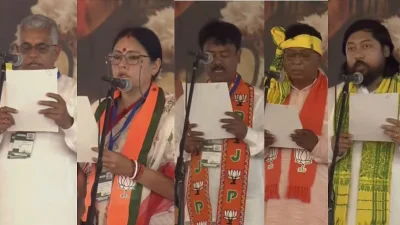 পশ্চিমবঙ্গে শুভেন্দু অধিকারীর নেতৃত্বে প্রথম বিজেপি সরকারে মন্ত্রী হিসেবে শপথ নিয়েছেন দিলীপ ঘোষ, অগ্নিমিত্রা পাল, অশোক কীর্তনীয়া, ক্ষুদিরাম টুডু ও নিশীথ প্রামাণিক। ছবি: সংগৃহীত