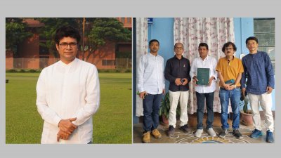 কবি শামীম রেজা (বামে), ডানে সংশ্লিষ্টদের সঙ্গে গবেষক