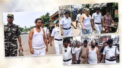 তৃণমূল কংগ্রেসের সঙ্গে সম্পৃক্ত অন্তত তিনজন গ্রেফতারকৃত স্থানীয় প্রভাবশালী নেতাকে শুধু অন্তর্বাস পরিয়ে পুলিশ পাহাড়ায় রাস্তায় হাঁটাতে দেখা গেছে। ছবি: ইন্ডিয়া টুডে