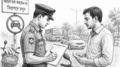 সড়কে আইন অমান্যকারীকে মামলা দিচ্ছে পুলিশ। ছবিটি এআই দিয়ে করা।
