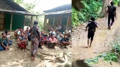 বাঁয়ে সম্প্রতি থানচি উপজেলার হাইকোতে মিয়ানমার থেকে আসা খুমি জনগোষ্ঠীর ৪৭ নারী-পুরুষ ও শিশুকে আটক করে বিজিবি, ডানে মিয়ানমার সীমান্তে কেপিএফের সশস্ত্র দুই সদস্য