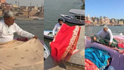 বেনারসের ঘাটে তাঁতিদের ব্যস্ততা। ছবি: ইনস্টাগ্রাম থেকে নেওয়া।