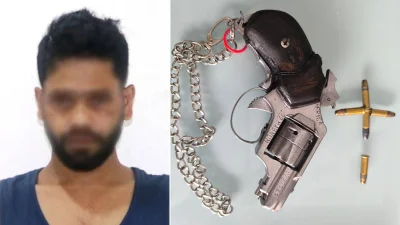 গ্রেফতার আলামিন ও তার কাছ থেকে উদ্ধার হওয়া অস্ত্র