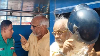 পুলিশের সঙ্গে বিতণ্ডায় জড়ানোর পর হেলমেট ফেলা দিচ্ছেন জামায়াত নেতা আখতারুজ্জামান