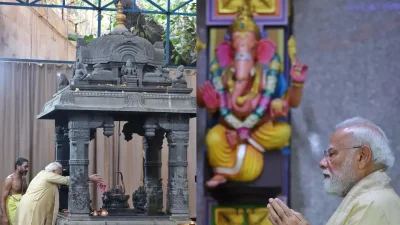 সরকারপ্রধান হিসেবে ২৫ বছর পূর্তি উপলক্ষে নয়াদিল্লির সরোজিনী নগরের শ্রী বিনায়ক মন্দিরে প্রার্থনা করেছেন ভারতের প্রধানমন্ত্রী নরেন্দ্র মোদি। ছবি: উইয়ন নিউজ