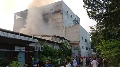 আগুনের ধোঁয়া বের হচ্ছে ইবনে সিনার ওষুধ কারখানাটি থেকে