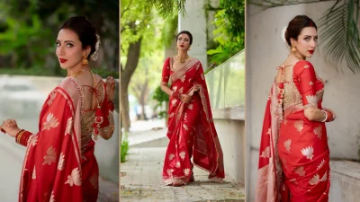 দুর্গাপূজার সপ্তমীর সাজে অভিনেত্রী ও মডেল বিদ্যা সিনহা মিম (ছবি: ফেসবুক থেকে নেওয়া)