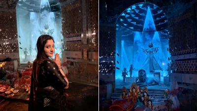 ‘রিপু রজনী’ মণ্ডপে পূজা চেরি। ছবি: নায়িকার ফেসবুক আইডি থেকে