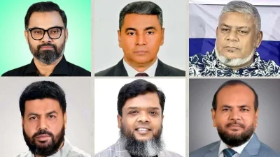 উত্তরে আলোচনায় (উপরে বাম থেকে) আমিনুল হক, এস এম জাহাঙ্গীর ও আনোয়ারুজ্জামান। দক্ষিণে আলোচনায় (নিচে বাম থেকে) রফিকুল ইসলাম মজনু, তানভীর আহমেদ রবিন ও লিটন মাহমুদ।