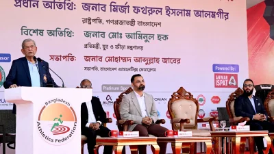 কথা বলছেন রাষ্ট্রপতি মির্জা ফখরুল ইসলাম আলমগীর। ছবি: বিটিভির ভিডিও থেকে