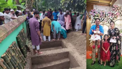 পারিবারিক কবরস্থানে পাশাপাশি চারটি কবর খোঁড়া হয়। বিকাল সাড়ে ৩টায় জানাজা শেষ হয়। এরপর একে একে স্বামী-স্ত্রী ও তাদের দুই শিশুসন্তানকে দাফন করা হয়