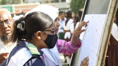 বোর্ডে রেজাল্ট দেখছেন শিক্ষার্থীরা/ছবি: বাংলা ট্রিবিউন