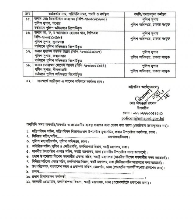 বদলির আদেশ দিয়ে জারি করা প্রজ্ঞাপন