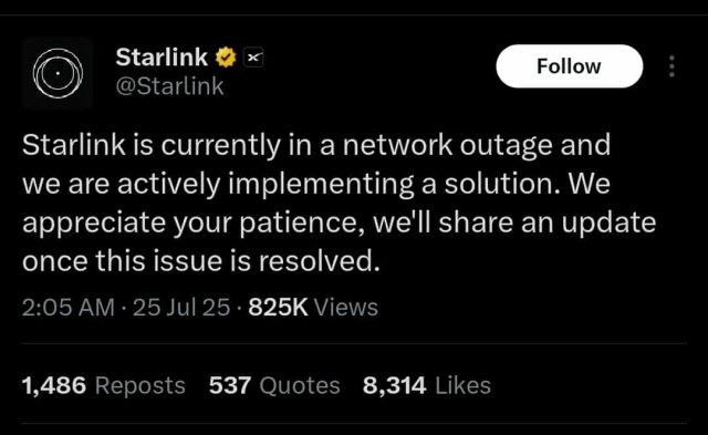 স্টারলিংকের পক্ষ থেকে এক্স হ্যান্ডেলে করা পোস্ট