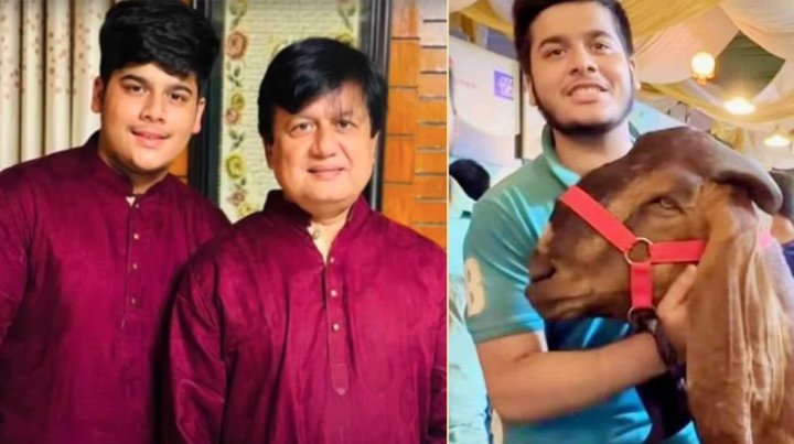 ছেলে ইফাতের সঙ্গে মতিউর, ডানে ইফাতের সঙ্গে ১৫ লাখ টাকার সেই ছাগল (ছবি: সংগৃহীত)