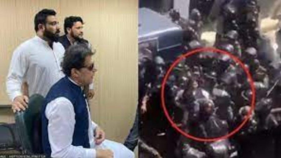 নিরাপত্তা বাহিনীর গাড়িতে তোলা হচ্ছে ইমরান খানকে। ছবি: দ্য ডন